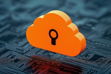 Orange cloud with padlock icon representing secure data storage on circuit board