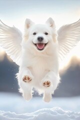 White Dog with Angel Wings Flying in a Snowy Landscape
