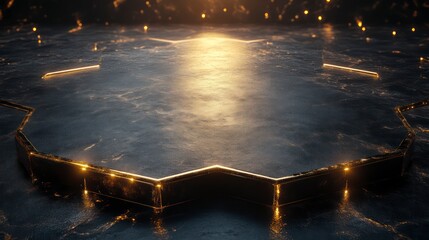 Illuminated Geometric Platform with Golden Edges and Ambient Lighting for Futuristic or Fantasy