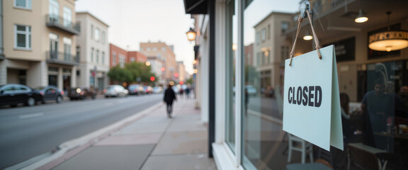 Storefront 'Closed' sign on quiet city block, economic decline