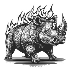 Fototapeta premium Vintage Hand-Drawn Illustration of a Rhinoceros with Flames