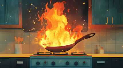 Kitchen fire, pan on stovetop engulfed in flames, requiring immediate attention. Conscious Flame. Illustration
