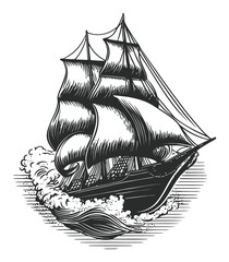 Vintage Hand-Drawn Illustration of a Sailing Ship with Waves