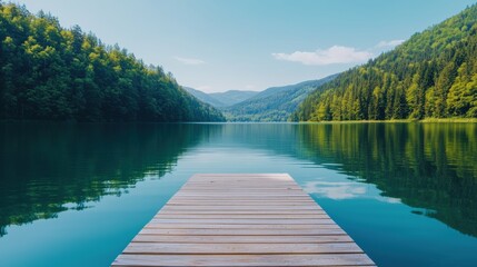 Obraz premium Wooden pier extending into a serene mountain lake reflecting green forests