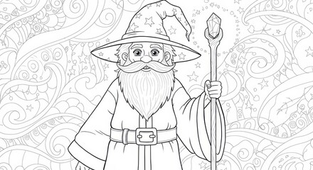 Fototapeta premium Wizard with Long Beard and Staff Line Art