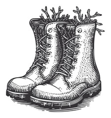 Vintage Hand-Drawn Illustration of Boots with Unique Foliage Detail