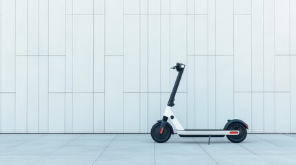 Shared electric scooter parked near modern building promoting sustainable urban mobility