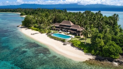 A secluded tropical island with palm trees, sandy beaches, and calm, inviting waters