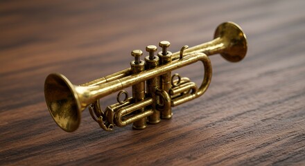 Obraz premium Tarnished Golden Miniature Toy Trumpet Isolated on Wooden Background Symbolizing Broken Dreams in Detailed Close Up Shot