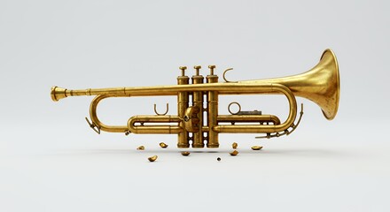 Obraz premium Tarnished Golden Trumpet Disjointed on White Surface Showing Signs of Wear and Damage Representing Musical Heritage and Past Triumphs in a Studio with a Clean Backdrop