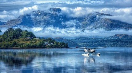A seaplane touches down on a serene fjord, surrounded by majestic mountains and clouds