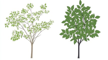 Obraz premium Two deciduous trees, spring foliage, white background, landscaping design