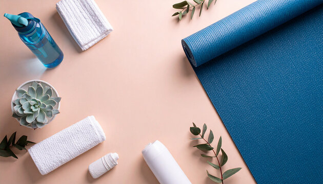Flat lay of yoga essentials with copy space, mat, towel, and water bottle for National Yoga Day.