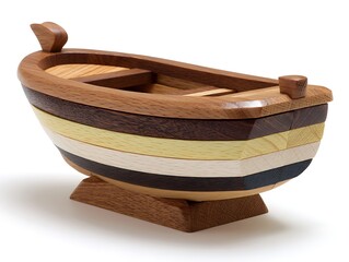 Fototapeta premium Intricate wooden boat model, multi-colored stripes, miniature size, detailed craftsmanship