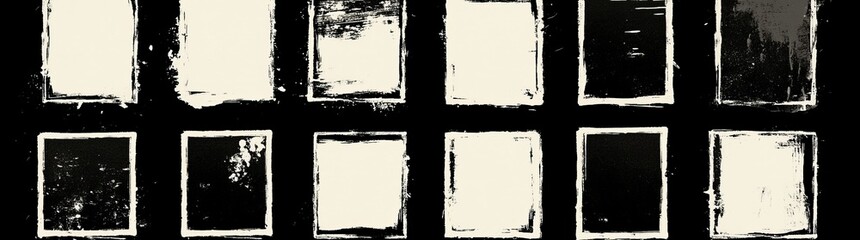Grunge photo frame edges featuring distressed textured strokes create a vintage or worn look suitable for digital or print designs, including an abstract old worn white border with cracks on a black