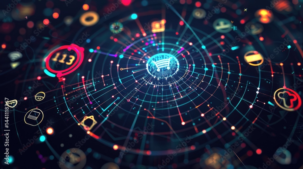 Poster abstract digital interface with circular patterns and glowing lines. abstract image of digital artwo