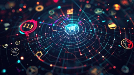 Abstract digital interface with circular patterns and glowing lines. Abstract image of digital artwork of portal hologram. Technology innovation concept. Digital art for design and print. AIG53.