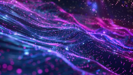 Fototapeta premium Abstract picture micro light sparkling particle represent data flow. Vivid flowing wave with high tech texture, create digital effect scene perfect for energetic and fantasy wallpaper design. AIG53.