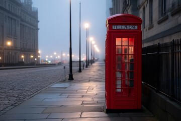 A vibrant red telephone box stands on a foggy street with glowing streetlights.