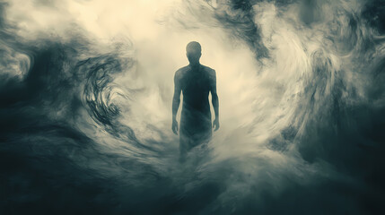 Obraz premium Mysterious figure surrounded by swirling smoke in a dimly lit room. Emotion Fog. Illustration