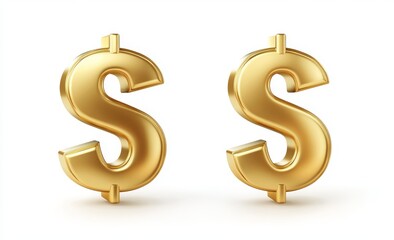 Obraz premium Three-dimensional golden dollar signs are shown from various angles, complete with realistic shadow effects, as metallic currency symbols suspended on a white background, serving as glossy financial
