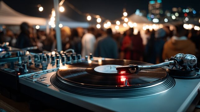 Close-up of a dj setup spinning vinyl at a lively outdoor concert event under string lights.