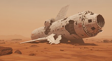 Wrecked Spaceship on Alien Planet Pixel Art Featuring Damaged Panels and Silent Interior on Mars Like Landscape with Muted Palette