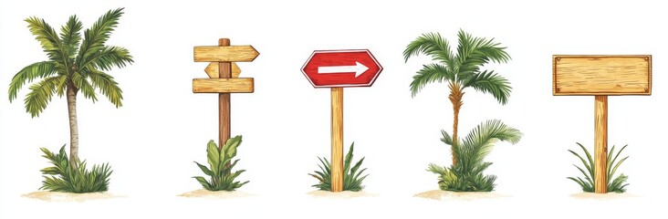 Jungle-themed wooden signboard collection, including directional pointers, planks covered in vines, empty boards with nails, a sign post with a stone base, and decorative green foliage elements