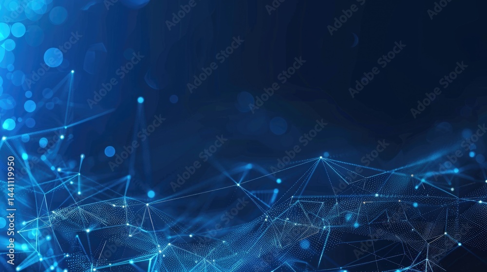 Poster Abstract blue digital network background with lines and nodes. Background image of glowing digital wave waving and flowing at blue background. Network. Technology and data visualization design. AIG55.