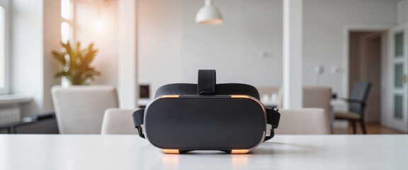 Futuristic VR headset on elegant desk in minimalist space, digital interaction