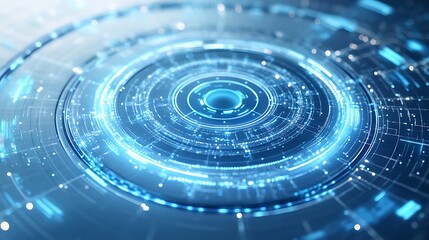 Futuristic digital interface with glowing blue circular patterns and bokeh lights