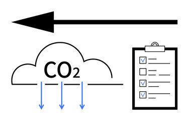 Cloud with CO2, downward arrows, bold left arrow for action, checklist clipboard with tick boxes. Ideal for sustainability, climate action, carbon footprint reduction, progress, energy efficiency