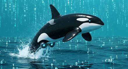 Obraz premium Orca Jumping Out of Water with Binary Code Background