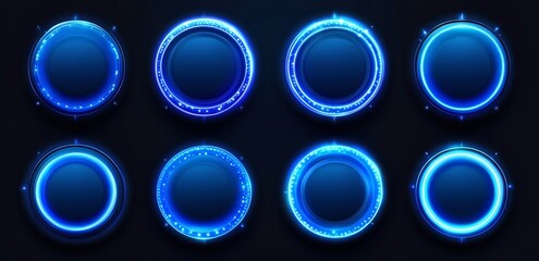 Transparent backgrounds feature neon light frames with borders that glow blue, accompanied by geometric glass effect shapes including rounded rectangles and circles with luminous edges, ideal for