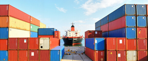 Colorful stacked shipping containers at busy dock, global trade symbolism
