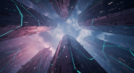 Futuristic megacity skyline view from below. Towering skyscrapers reaching into cloudy sky. Sci-fi urban landscape with glowing neon lights. Concept of future architecture and technology