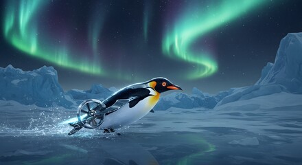 Fototapeta premium Penguin Fly Aurora Landscape