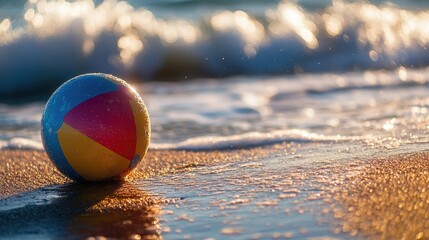 Obraz premium Colorful beach ball lying abandoned in the soft sand near the water's edge