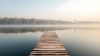 Fototapeta premium Serene Wooden Dock Extending into Misty Lake at Dawn