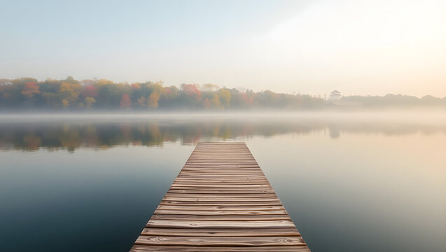 Serene Wooden Dock Extending into Misty Lake at Dawn