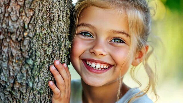 A joyful girl with a big grin peeks around a tree, her eyes filled with curiosity and excitement for a hidden surprise.