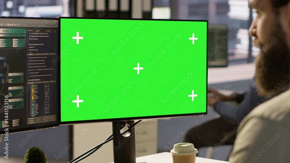 Poster man working with machine learning tech on green screen computer, advancing ai innovating autonomous 