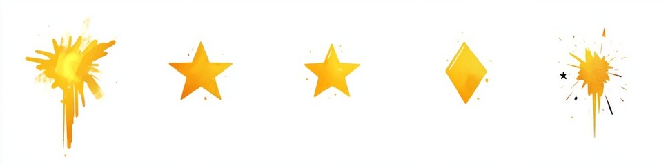 Obraz premium The modern cartoon illustration features isolated yellow pixel stars on a white background, blending old 8bit software icons, retro messenger emojis, and 80s style arcade game design elements with