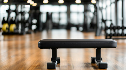 Gym Interior with Focus on Black Workout Bench for Weightlifting and Fitness Exercises Indoors