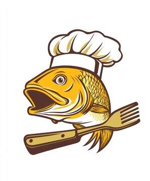 Naklejki Chef fish on knife and fork, food, restaurant, logo design, kitchen, cooking, graphic, illustration