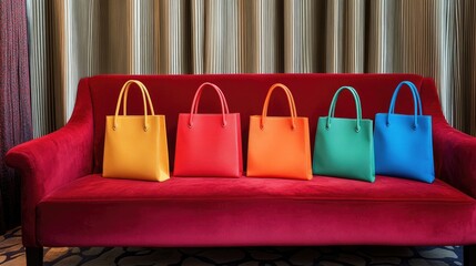 Designer shopping bags resting on a plush velvet lounge in a luxury suite