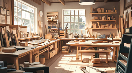 A lively woodworking workshop with saws and timber, woodcraft tools organized in a busy studio, craftsmanship charm style. Dreamsmith Workshop. Illustration
