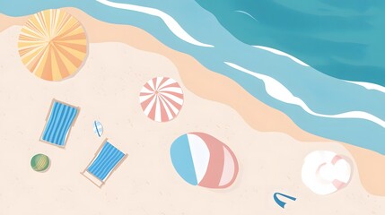 Summertime blissful beach scene with deckchairs and parasols illustration,featuring calm blue sea,sandy shores,and relaxing beach accessories,a perfect vacation getaway visual