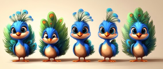 Fototapeta premium Cartoon peacocks are depicted with adorable facial expressions in various poses, showcasing playful blue bodies, vibrant orange beaks, striped legs, yellow feet, and green tail feathers adorned with