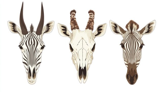 Zebra, skull, and hartebeest heads; African wildlife; design element